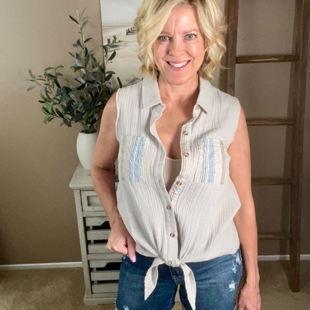 Sleeveless Beige Button-Up Top